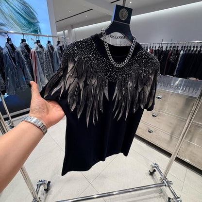 Trendy Casual Crystals Wings T-Shirt