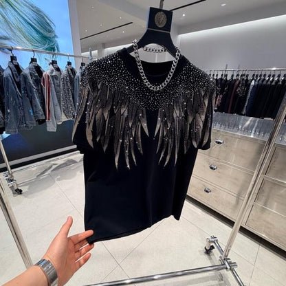 Trendy Casual Crystals Wings T-Shirt