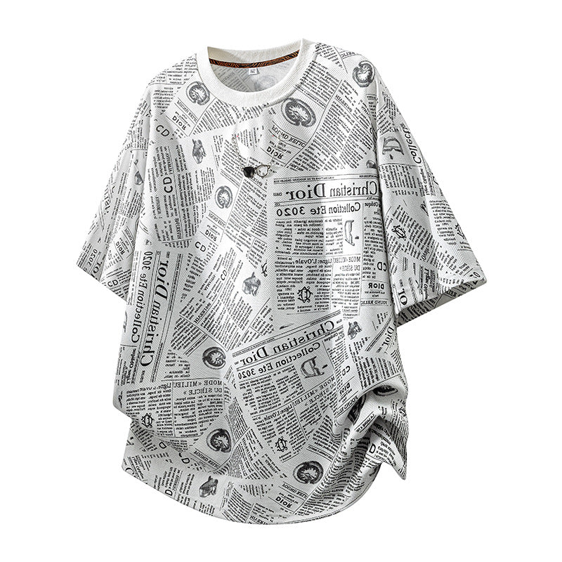 All-Over Newspaper Print Design Two-Piece Set with Edgy Chain