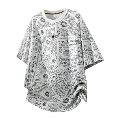 All-Over Newspaper Print Design Two-Piece Set with Edgy Chain