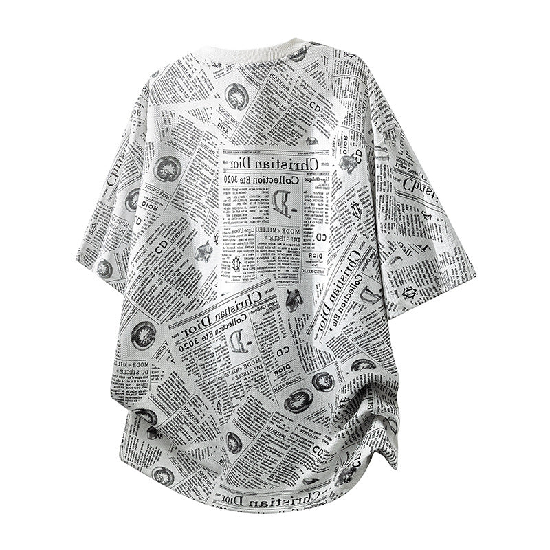 All-Over Newspaper Print Design Two-Piece Set with Edgy Chain