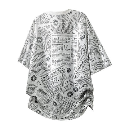 All-Over Newspaper Print Design Two-Piece Set with Edgy Chain