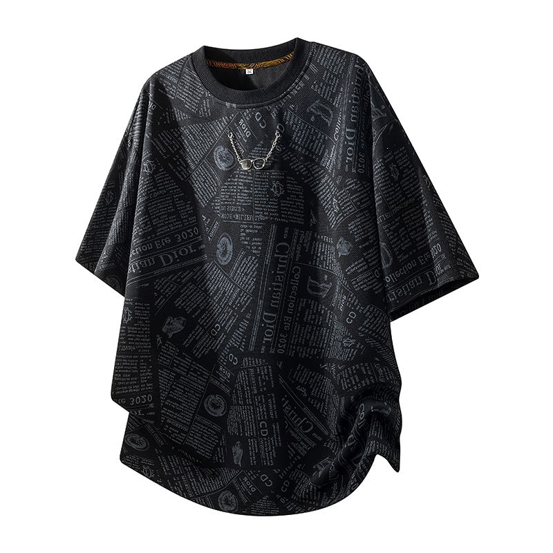 All-Over Newspaper Print Design Two-Piece Set with Edgy Chain