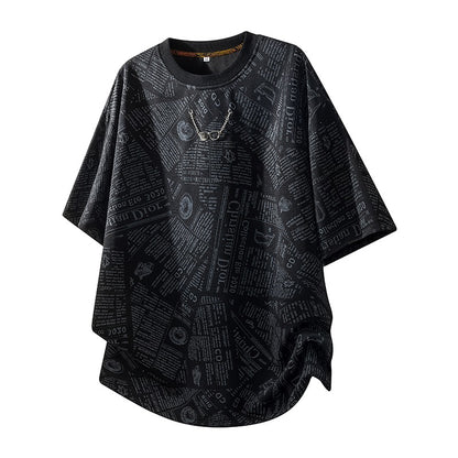All-Over Newspaper Print Design Two-Piece Set with Edgy Chain