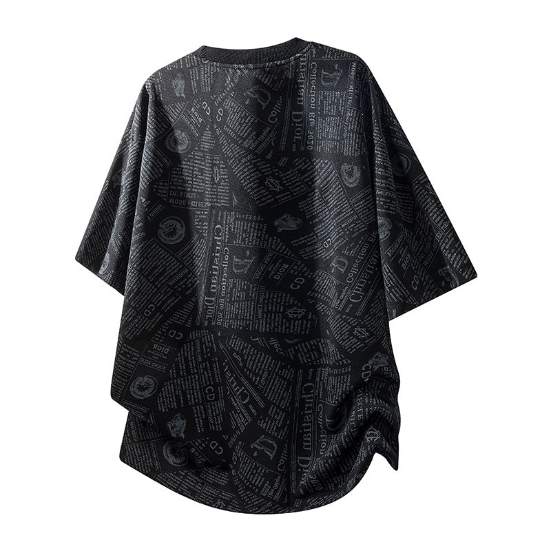 All-Over Newspaper Print Design Two-Piece Set with Edgy Chain