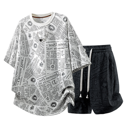 All-Over Newspaper Print Design Two-Piece Set with Edgy Chain