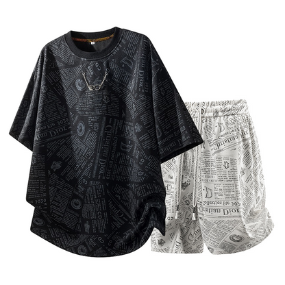 All-Over Newspaper Print Design Two-Piece Set with Edgy Chain