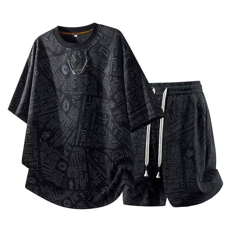 All-Over Newspaper Print Design Two-Piece Set with Edgy Chain