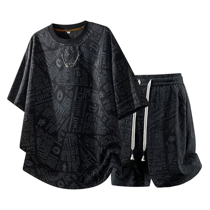 All-Over Newspaper Print Design Two-Piece Set with Edgy Chain
