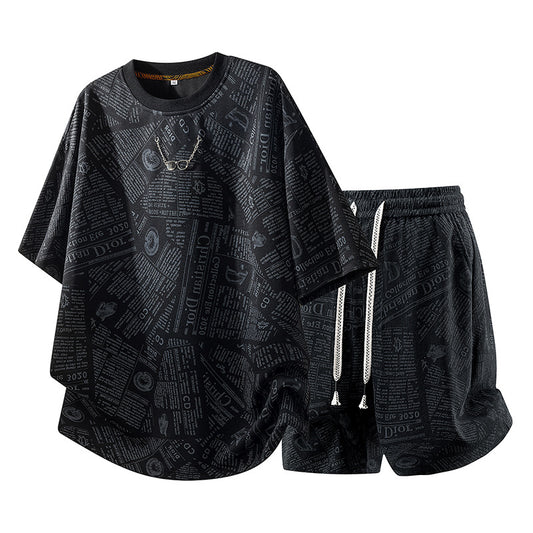 All-Over Newspaper Print Design Two-Piece Set with Edgy Chain