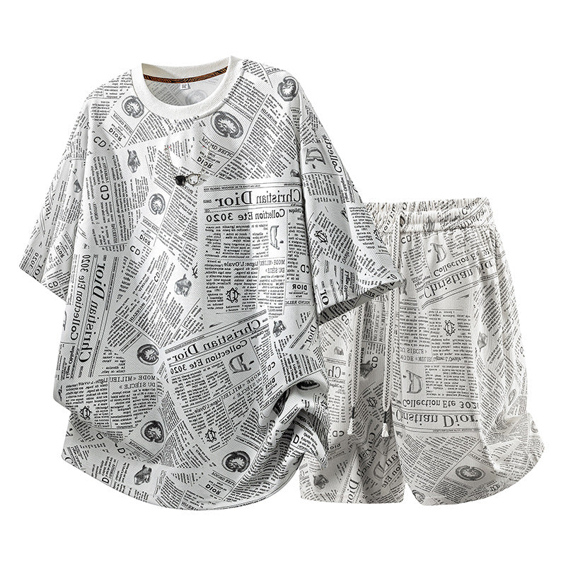 All-Over Newspaper Print Design Two-Piece Set with Edgy Chain