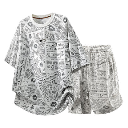 All-Over Newspaper Print Design Two-Piece Set with Edgy Chain