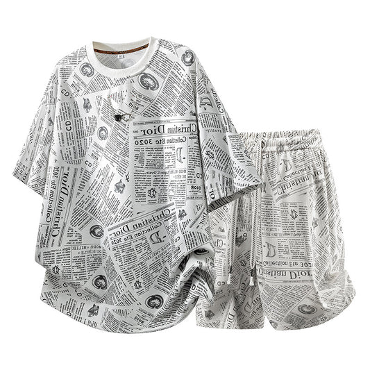 All-Over Newspaper Print Design Two-Piece Set with Edgy Chain