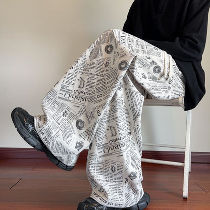 All-Over Newspaper Print Design Two-Piece Set with Edgy Chain