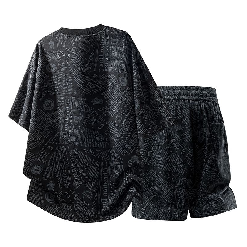 All-Over Newspaper Print Design Two-Piece Set with Edgy Chain