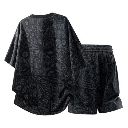 All-Over Newspaper Print Design Two-Piece Set with Edgy Chain