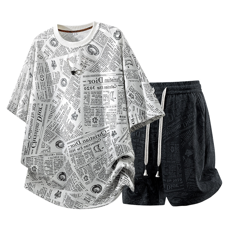 All-Over Newspaper Print Design Two-Piece Set with Edgy Chain