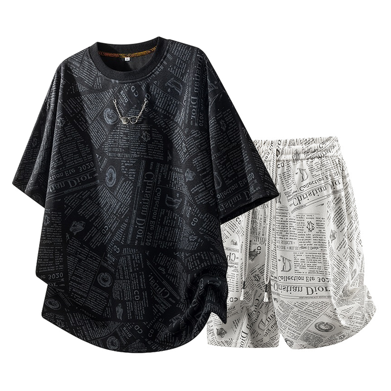 All-Over Newspaper Print Design Two-Piece Set with Edgy Chain