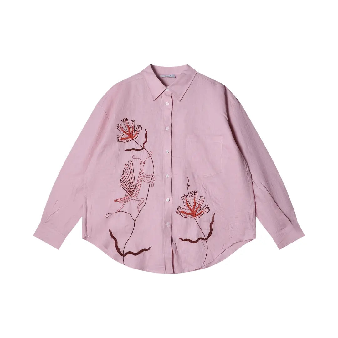Elegant Embroidered Long-Sleeved Shirt with Flying Insect and Floral Design